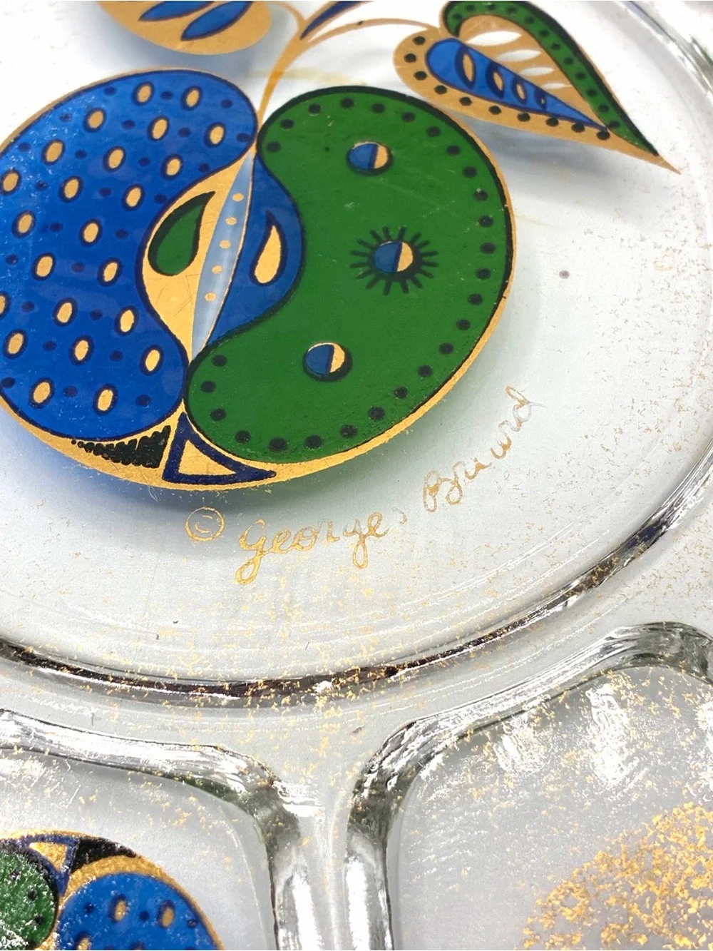 Vintage Georges Briard Divided Glass Serving Tray Gold Blue Green Fruit MCM
